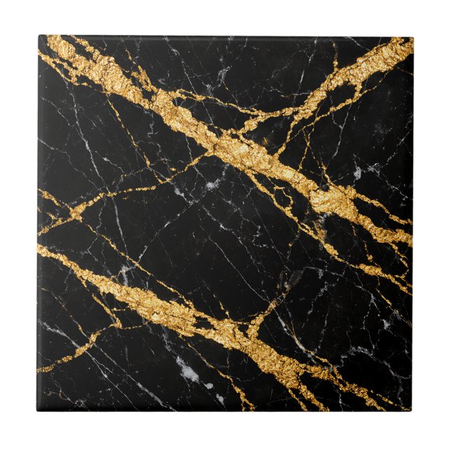 Svart Guld Marmor Luxe Mönster Kakelplatta (Framsidan)