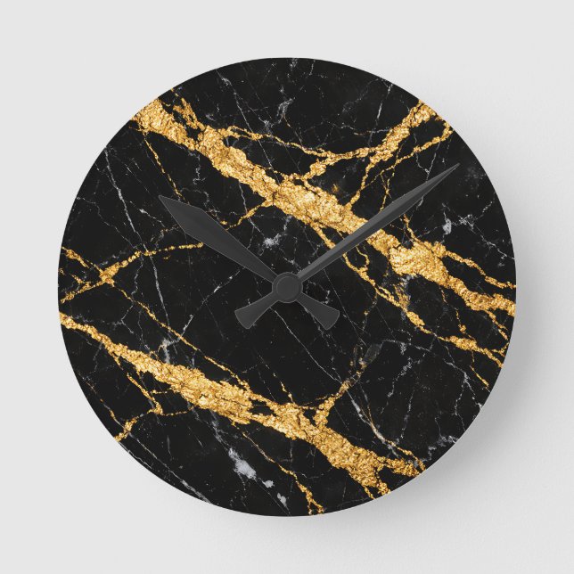 Svart Guld Marmor Luxe Mönster Rund Klocka (Framsida)