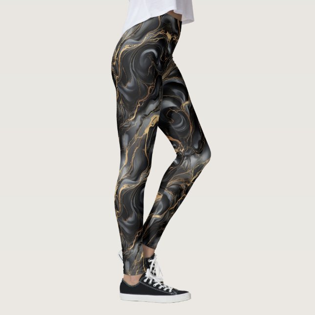 Svart Guld Marmor Lyx Abstrakt Mönster Leggings (Höger)