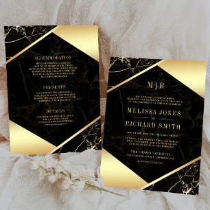 Svart Guld Marmor Monogram All in One Bröllop Inbjudningar