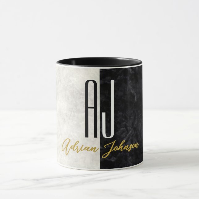 Svart Guld Marmor Monogram Mugg (Center)