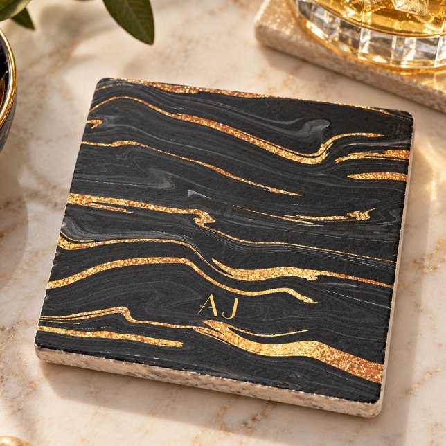 Svart Guld Marmor Monogram Stenunderlägg (Skapare uppladdad)