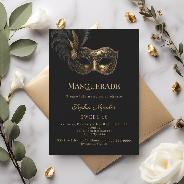 Svart guld Maskeradfest Sweet 16 Inbjudningar (Skapare uppladdad)