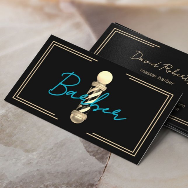 Svart Guld med Barber Teal Script Framed Hair Styl Visitkort (Skapare uppladdad)