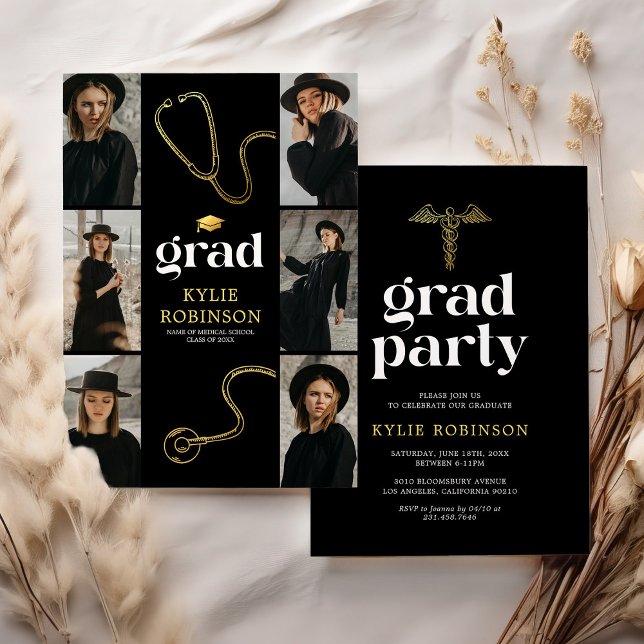 Svart Guld Medicinsk Foto Examenfest Inbjudningar (Skapare uppladdad)