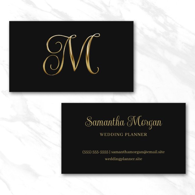 Svart Guld Metallisk Lockig Signatur M Monogram Visitkort (Black Gold Metallic Curly Signature M Monogram Business Card)