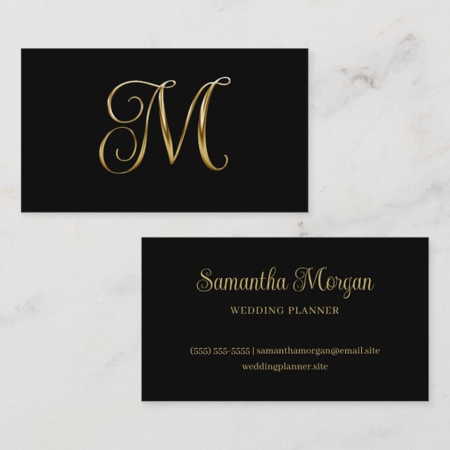 Svart Guld Metallisk Lockig Signatur M Monogram Visitkort (Fram/baksida)