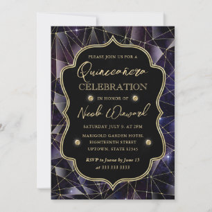 Svart & Guld Midnatt Kristall Galax Quinceanera Inbjudningar