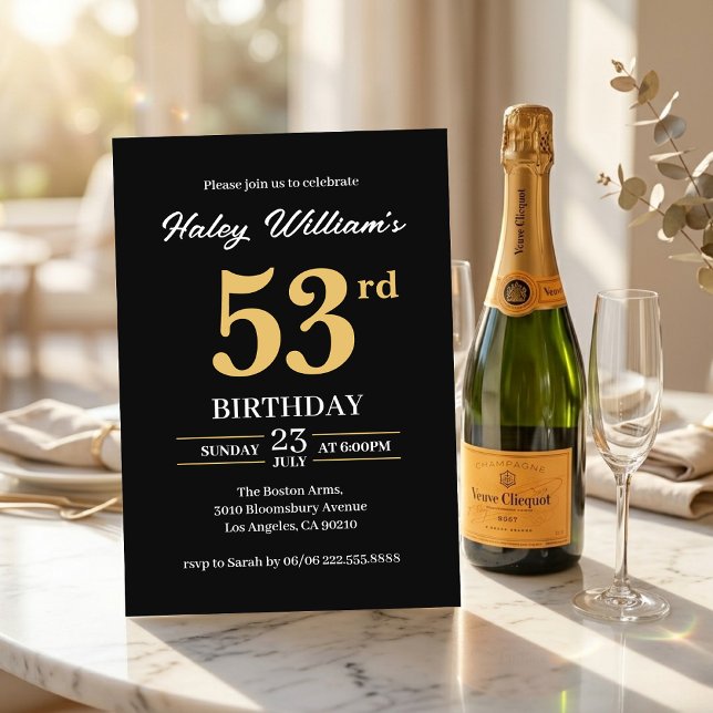 Svart Guld Minimalistisk Modern Enkel 53-årsdag Inbjudningar (Skapare uppladdad)