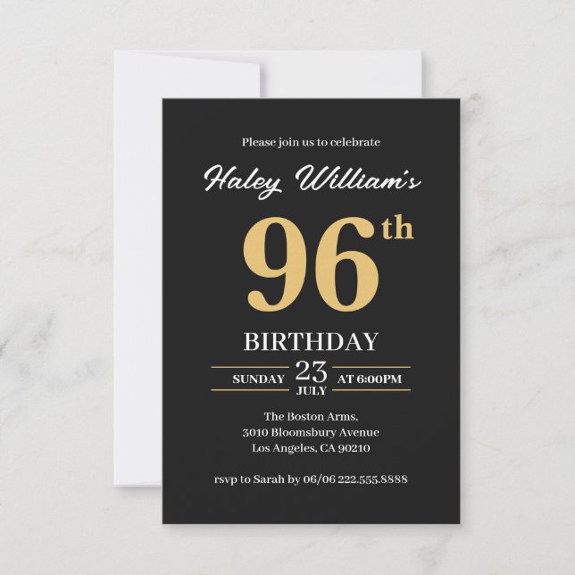 Svart Guld Minimalistisk Modern Enkel 96-årsdag Inbjudningar (Framsida)