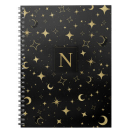 Svart & Guld Modern Celestial Måne Stjärnor Bröllo Anteckningsbok