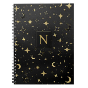 Svart & Guld Modern Celestial Måne Stjärnor Bröllo Anteckningsbok