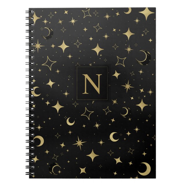 Svart & Guld Modern Celestial Måne Stjärnor Bröllo Anteckningsbok (Framsidan)
