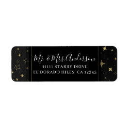 Svart & Guld Modern Celestial Måne Stjärnor Bröllo Returadress Etikett
