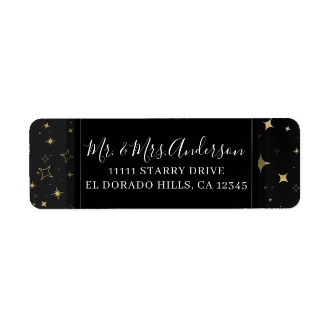 Svart & Guld Modern Celestial Måne Stjärnor Bröllo Returadress Etikett (Framsidan)
