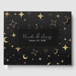 Svart & Guld Modern Celestial Månstjärnor Bröllop Gästböcker