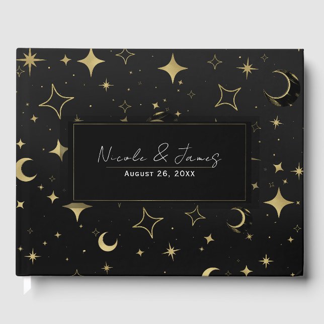 Svart & Guld Modern Celestial Månstjärnor Bröllop Gästböcker (Framsida)