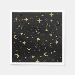 Svart & Guld Modern Celestial Månstjärnor Bröllop Pappersservett