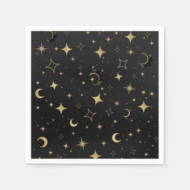 Svart & Guld Modern Celestial Månstjärnor Bröllop Pappersservett (Framsidan)