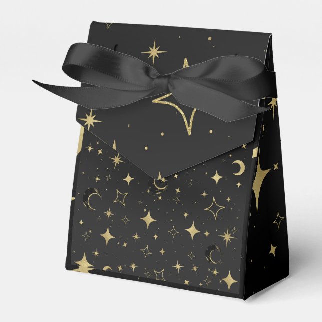 Svart & Guld Modern Celestial Månstjärnor Bröllop Presentaskar (Framsidan Sidan)