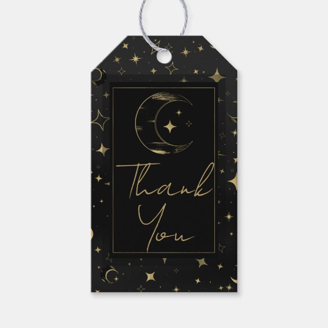 Svart & Guld Modern Celestial Månstjärnor Bröllop Presentetikett (Framsidan)
