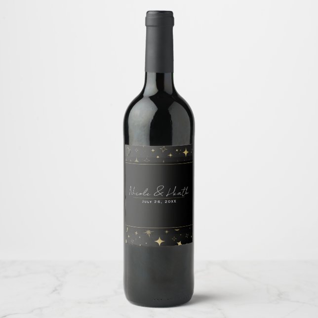Svart & Guld Modern Celestial Månstjärnor Bröllop Vinflaska Etikett (Framsida)