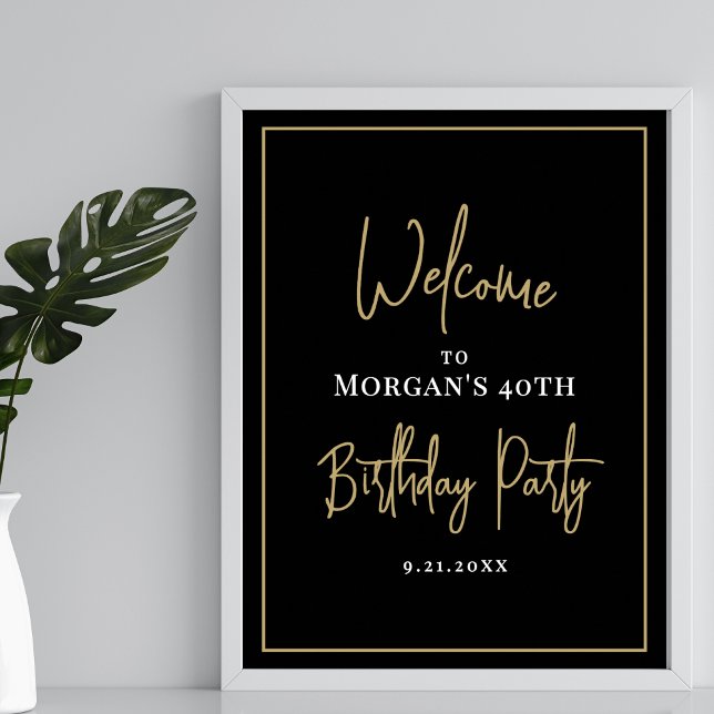 Svart Guld Modern Födelsedagsfest Välkommen Poster (Black Gold Modern Birthday Party Welcome Poster)