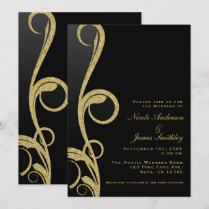 Svart & Guld Modern Glam Elegant Virvel Bröllop Inbjudningar