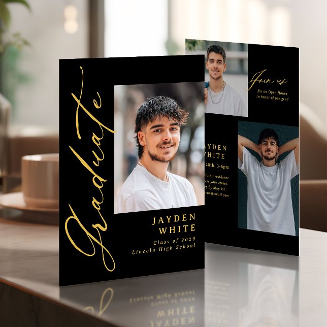 Svart Guld Modern Kalligrafi Foto Examen Inbjudningar (Black Gold Modern Calligraphy Photo Graduation Invitation)