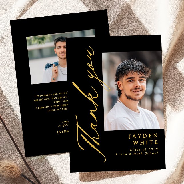 Svart & Guld Modern Kalligrafi Foto Examen Tack Kort (Black & Gold Modern Calligraphy Photo Graduation Thank You Card)