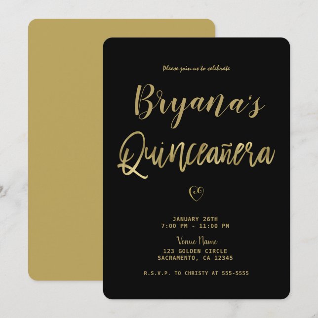 Svart & Guld Modern Minimalistisk Chic 15 Quinceañ Inbjudningar (Fram/baksida)