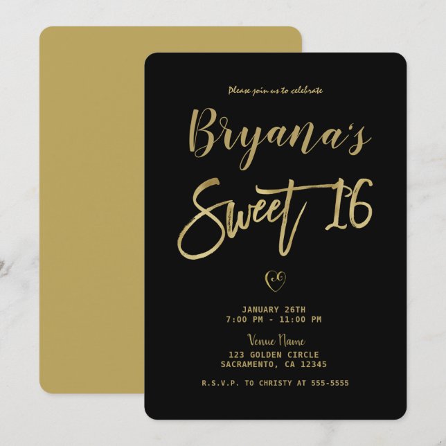 Svart & Guld Modern Minimalistisk Chic Sweet 16 Inbjudningar (Fram/baksida)
