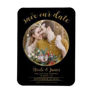 Svart & Guld Modern Rund Foto Spara Datumet Magnet