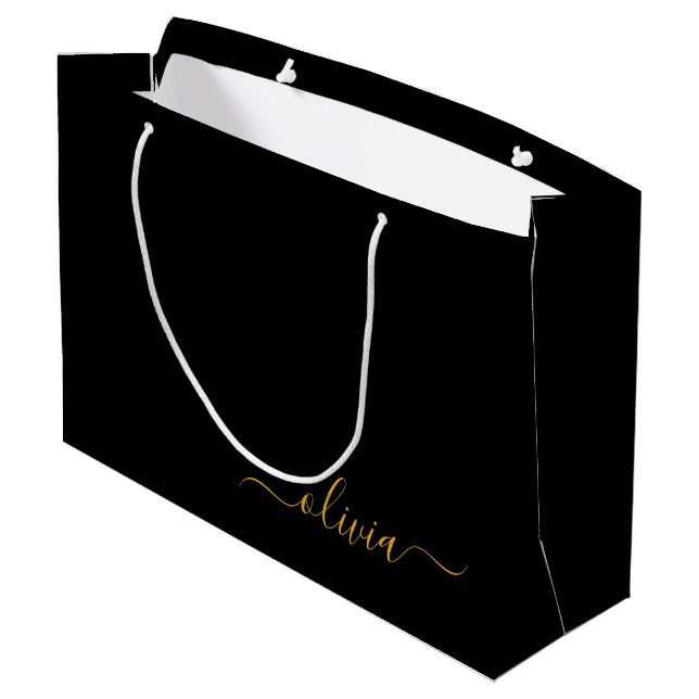 Svart Guld Modern Skript Flickaktig Monogram Namn (Baksidan Vinklad)