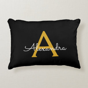 Svart Guld Modern skript Girly Monogram Namn Prydnadskudde
