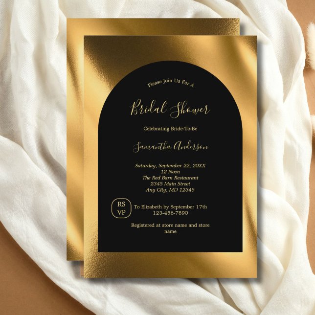 Svart Guld Modern Stilfull Chic Glam Bröllopsfest Inbjudningar (Black Gold Foil Elegant Stylish Chic Modern Bridal Shower invitation)
