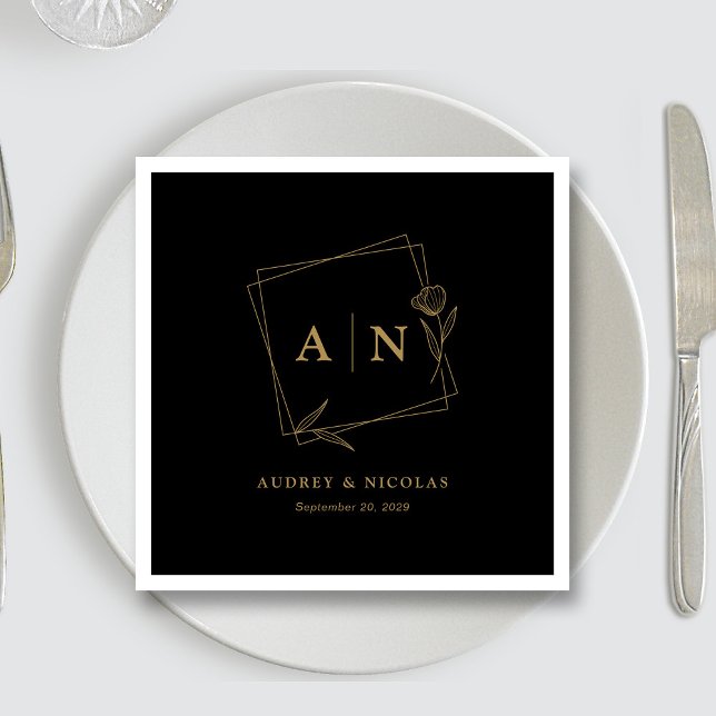 Svart Guld Monogram Bröllopsmottagning Pappersservett (Sleek Black & Gold Personalized Wedding Reception Napkins)
