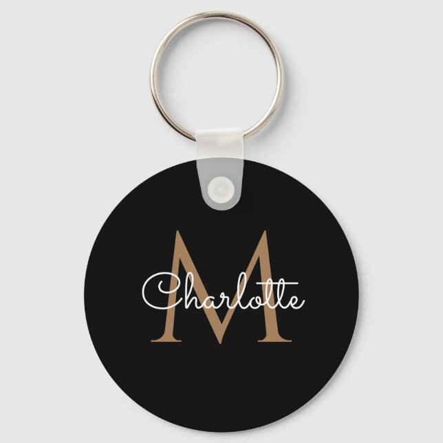 Svart Guld Monogram Elegant Feminint Skript Nyckelring (Framsida)