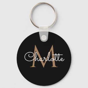 Svart Guld Monogram Elegant Feminint Skript Nyckelring