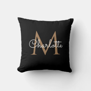 Svart Guld Monogram Elegant Flickaktig Handskrift Kudde