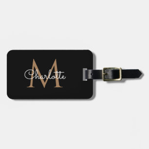 Svart Guld Monogram Elegant Flickaktig Handstil Bagagebricka