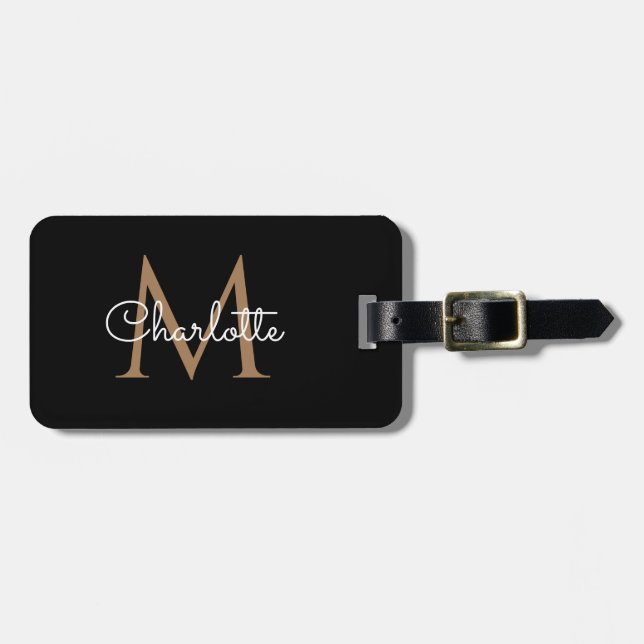 Svart Guld Monogram Elegant Flickaktig Handstil Bagagebricka (Horisontell Framsida)