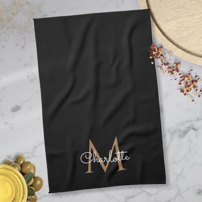 Svart Guld Monogram Elegant Flickaktig Handstil Kökshandduk (Black Gold Monogram Elegant Girly Script Kitchen Towel)