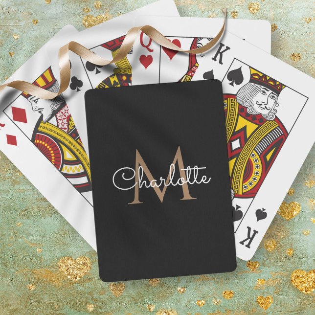 Svart Guld Monogram Elegant Flickaktig Script Casinokort (Black Gold Monogram Elegant Girly Script Playing Cards)