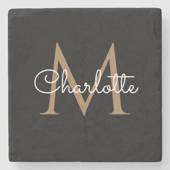 Svart Guld Monogram Elegant Girly Script Stenunderlägg (Framsidan)