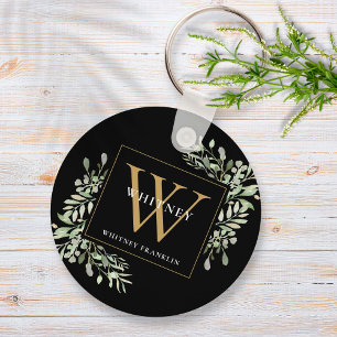 Svart Guld Monogram Elegant Grönska Nyckelring