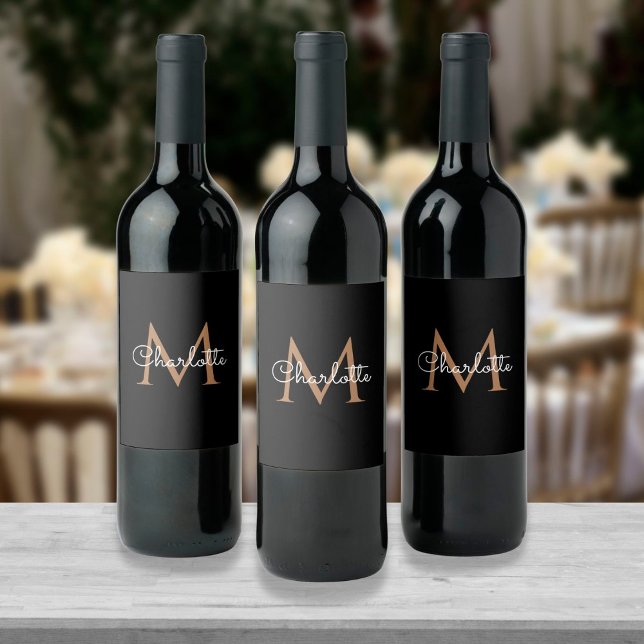Svart Guld Monogram Elegant Skrift Vin Etikett (Skapare uppladdad)