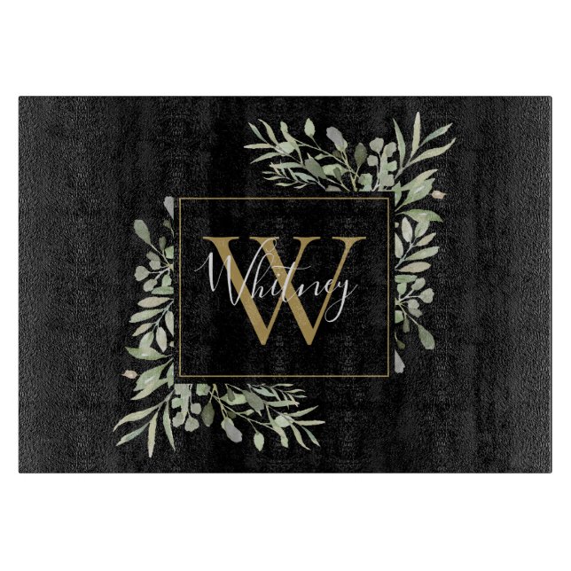 Svart Guld Monogram Grönska Blommig (Framsidan)