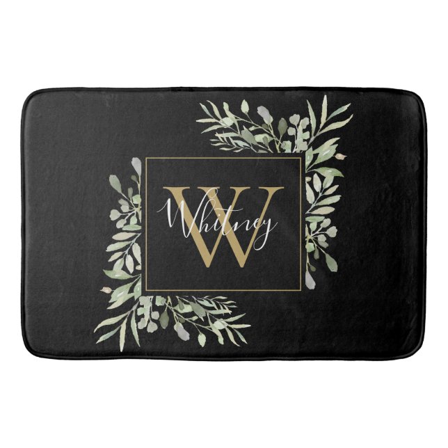 Svart Guld Monogram Grönska Blommig Badrumsmatta (Framsidan)