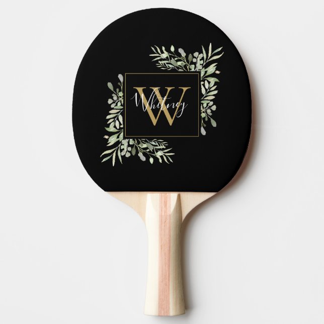 Svart Guld Monogram Grönska Blommig  Pingisracket (Framsidan)